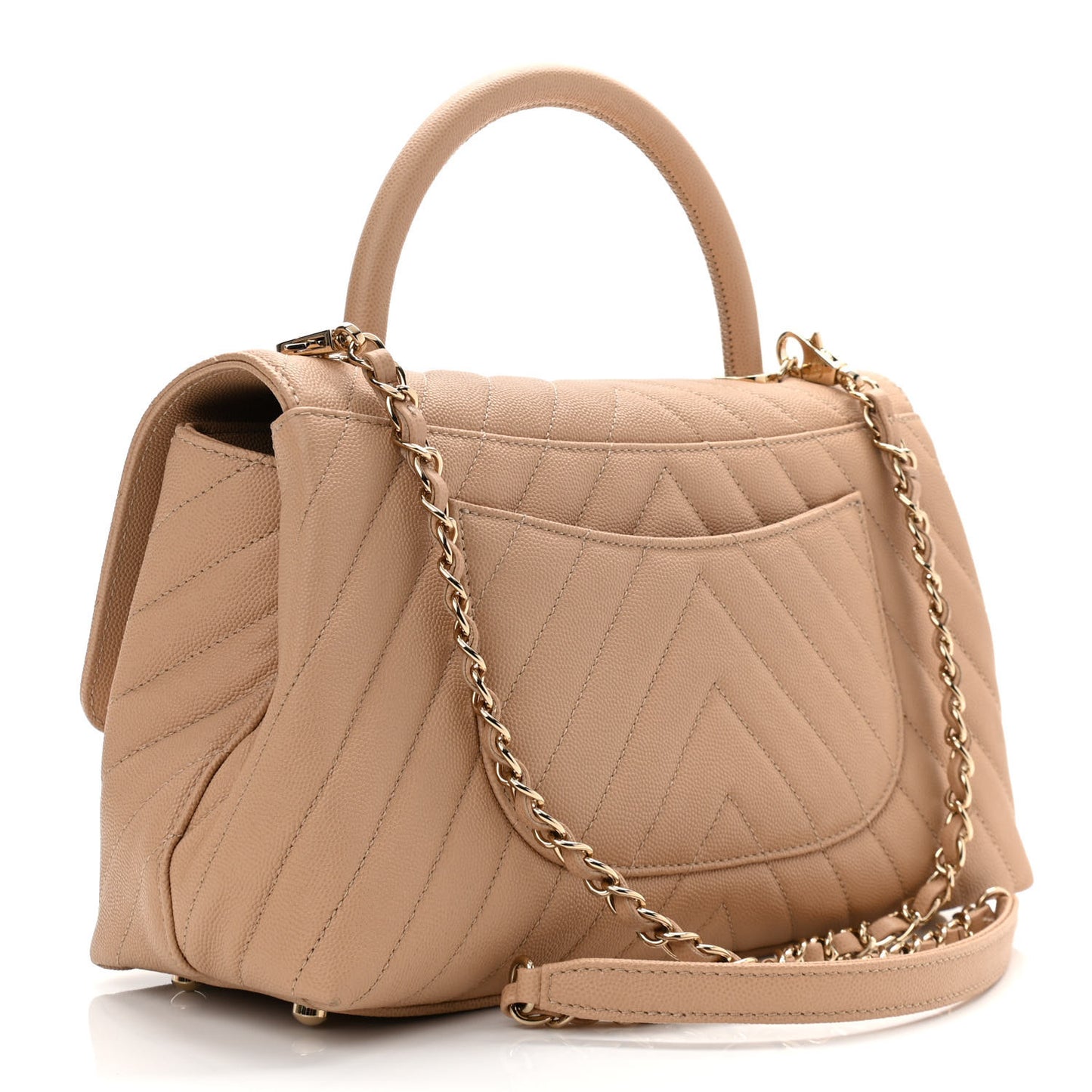 Caviar Chevron Quilted Small Coco Handle Flap Beige