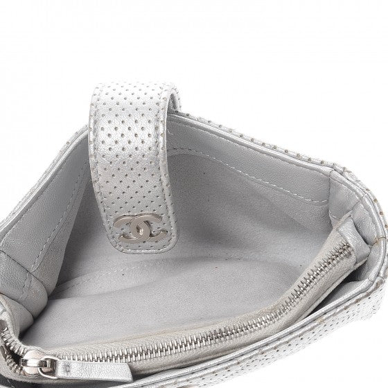 Perforated Lambskin Quilted Mini Phone Holder Clutch Silver