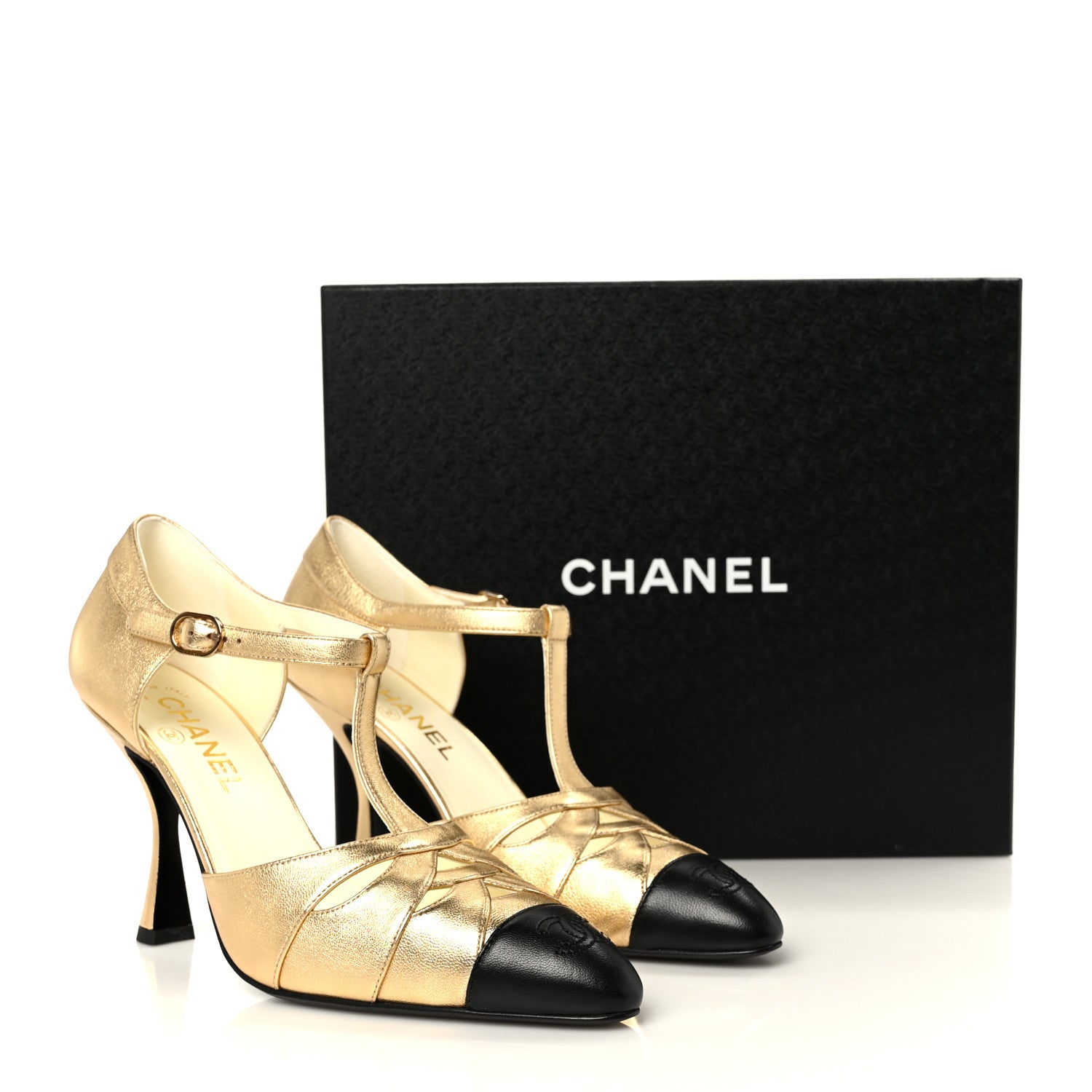 Chanel Laminated Lambskin Cap Toe Pumps 38.5 Gold Black 1908585