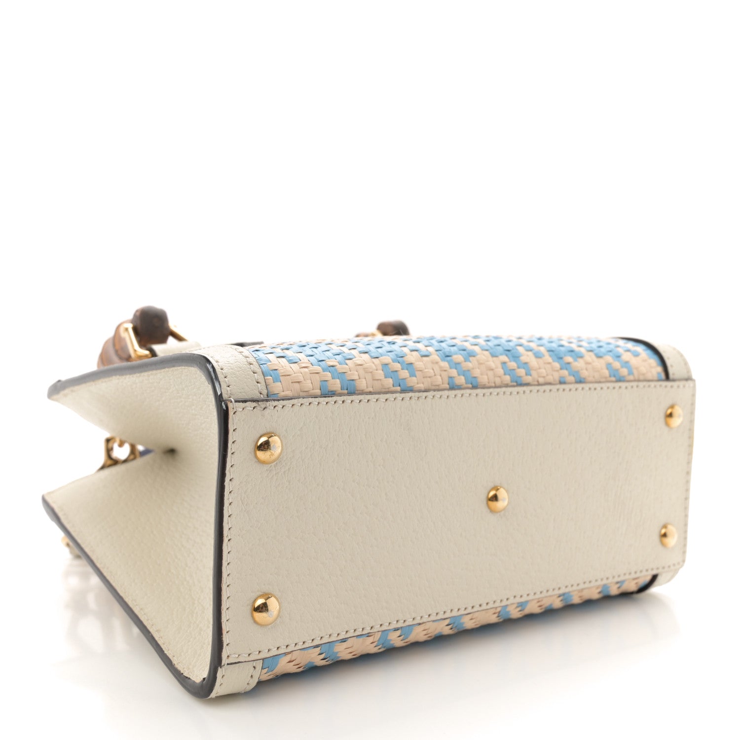Gucci Raffia Textured Dollar Calfskin Web Houndstooth Mini Diana Tote Bag Light Blue Natural Deep Orange 4 of 12