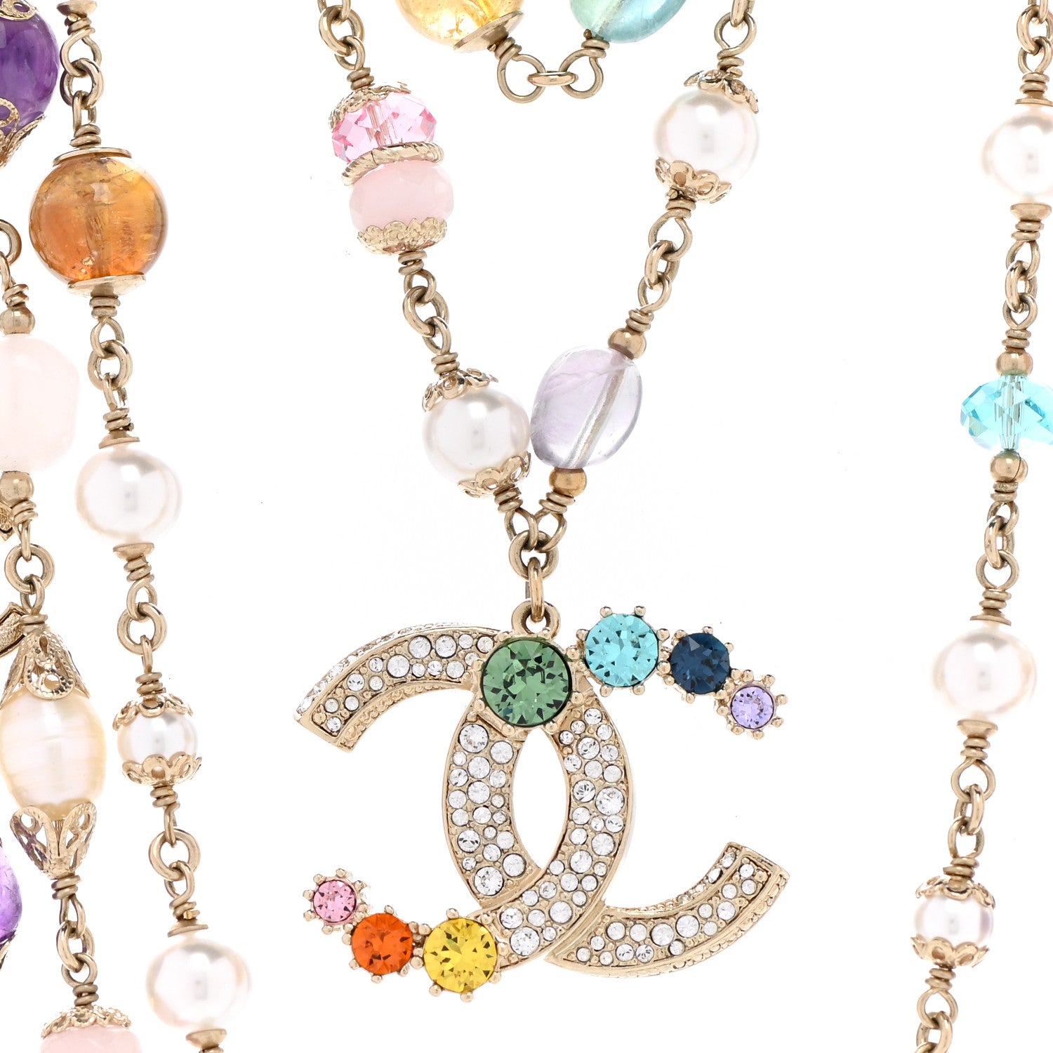 Chanel Pearl Crystal Over The Rainbow CC Multi Strand Necklace Gold Multicolor 4 of 7