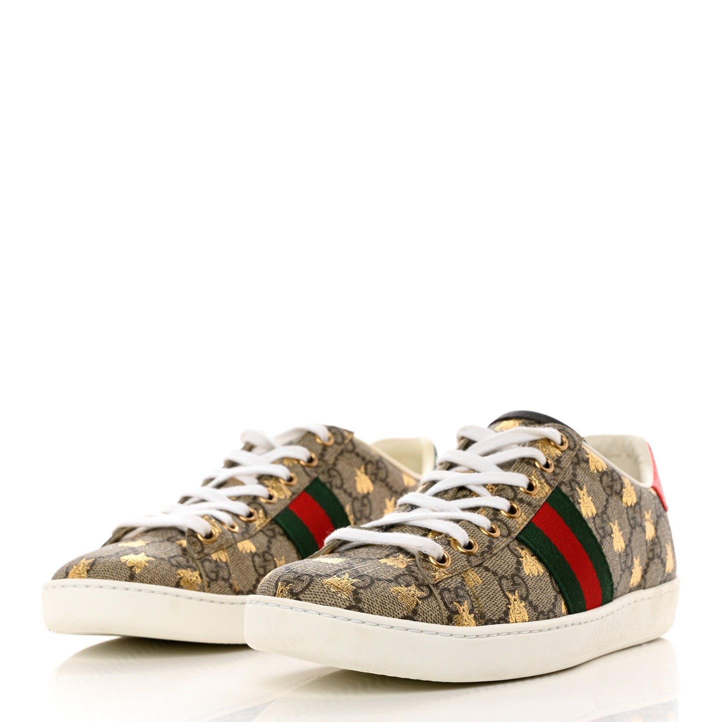 GG Supreme Monogram Bees Ayers Web Womens Ace Sneakers 37.5 Beige Oro Green Red