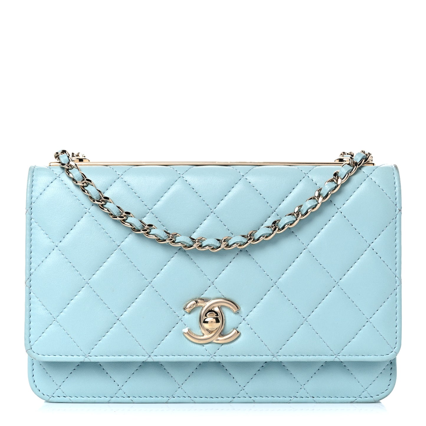 Lambskin Quilted Trendy CC Wallet On Chain WOC Light Blue