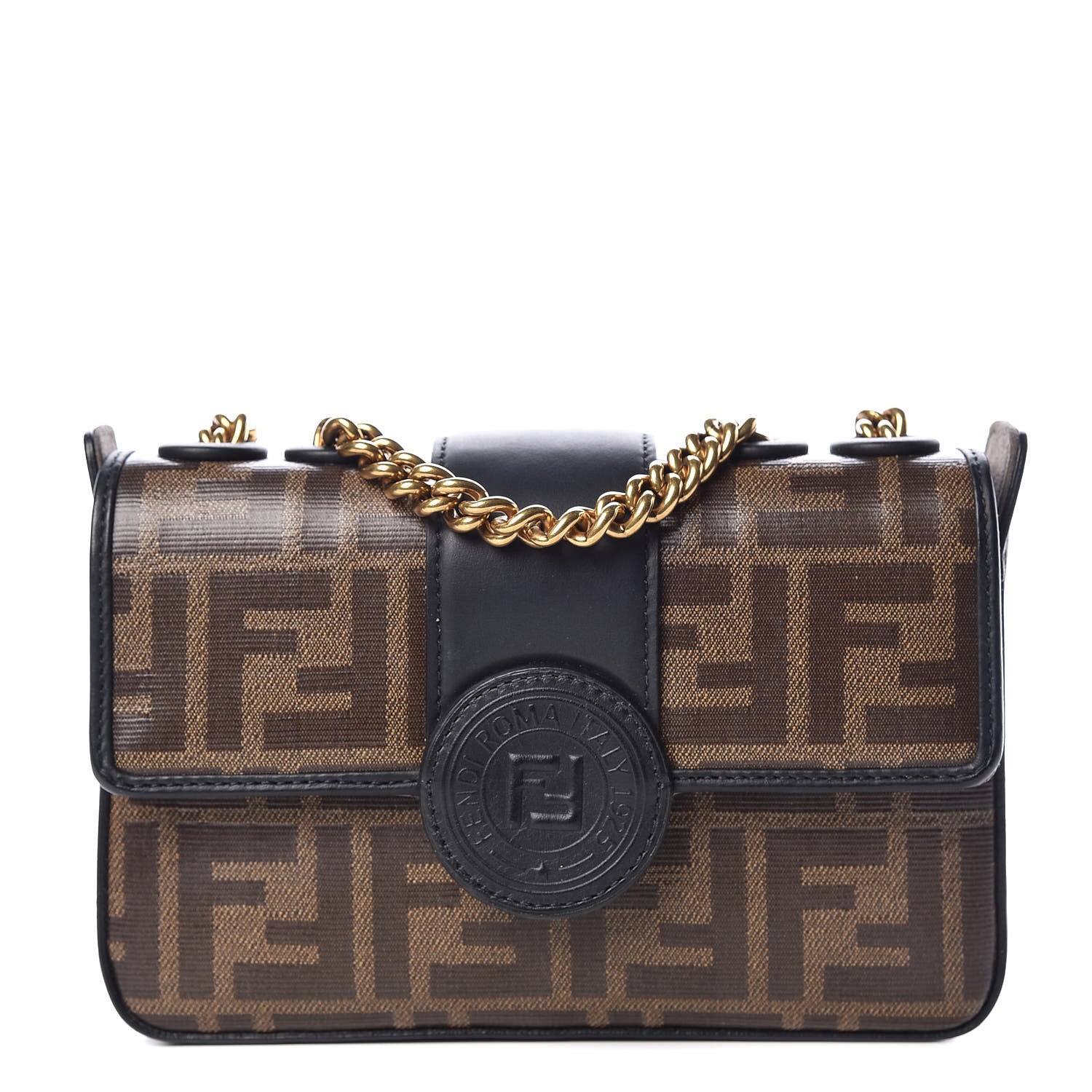 Fendi Glazed Fabric Vitello Century FF 1974 Stamp Patch Mini Double F Crossbody Bag Mogano Panna Black 1 of 9