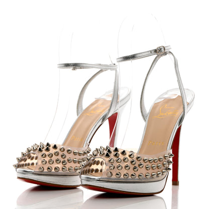 Christian Louboutin Nappa PVC Spiked St Jeannette 120 Peep Toe Pumps 35.5 Silver 3 of 10