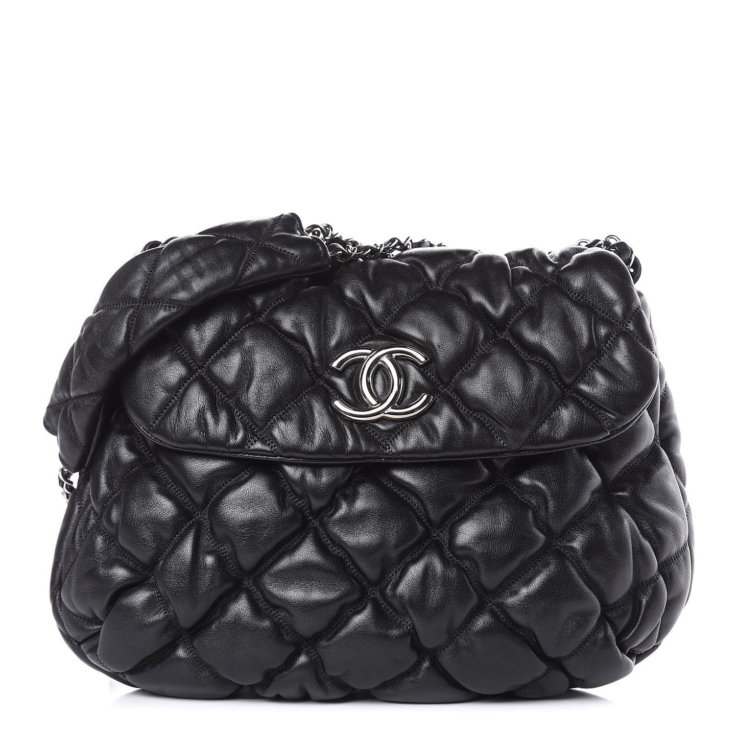Lambskin Bubble Quilt Flap Bag Black