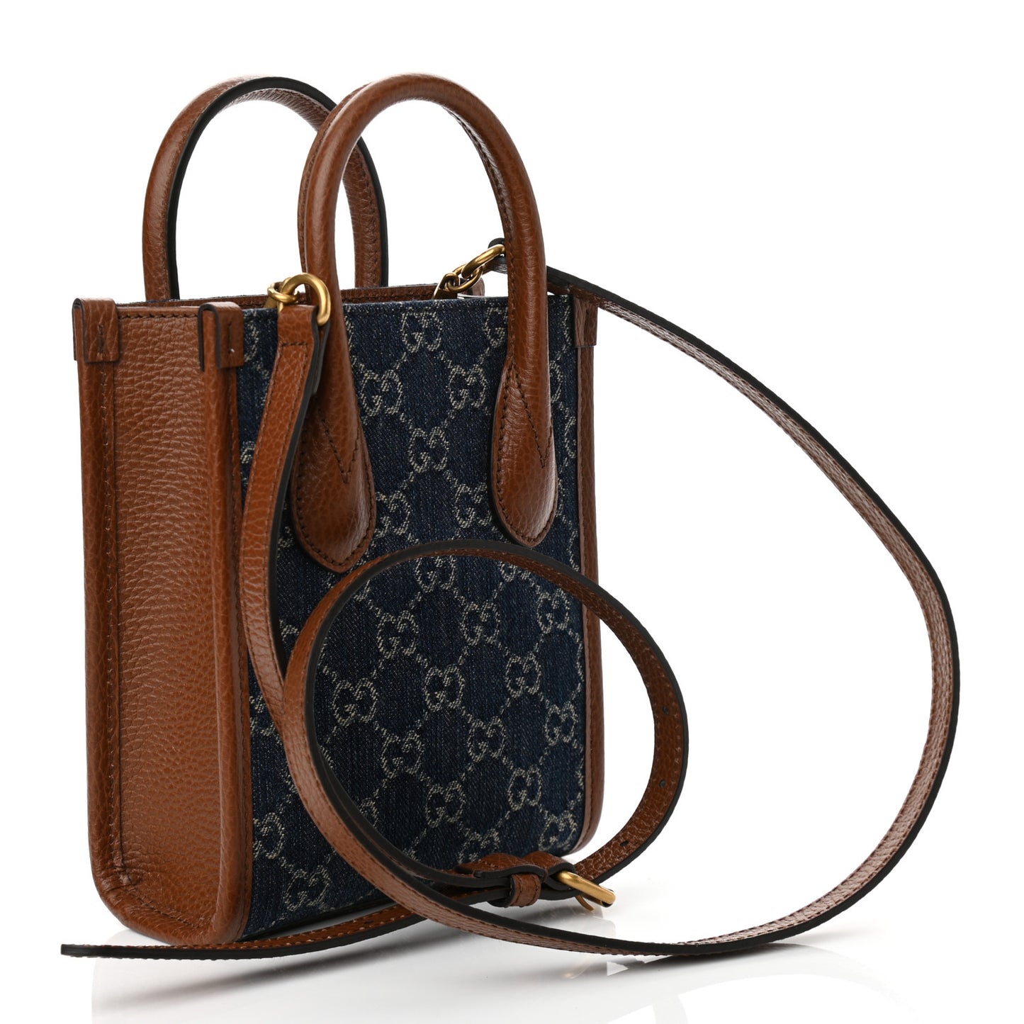 New Denim GG Monogram Dollar Calfskin Mini Retro Interlocking G Tote Bag Blue Tea Cuir Epilog