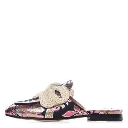 Gucci Iridescent Brocade Pearl Bow Womens Princetown Slippers 35.5 Black Pink 1 of 9