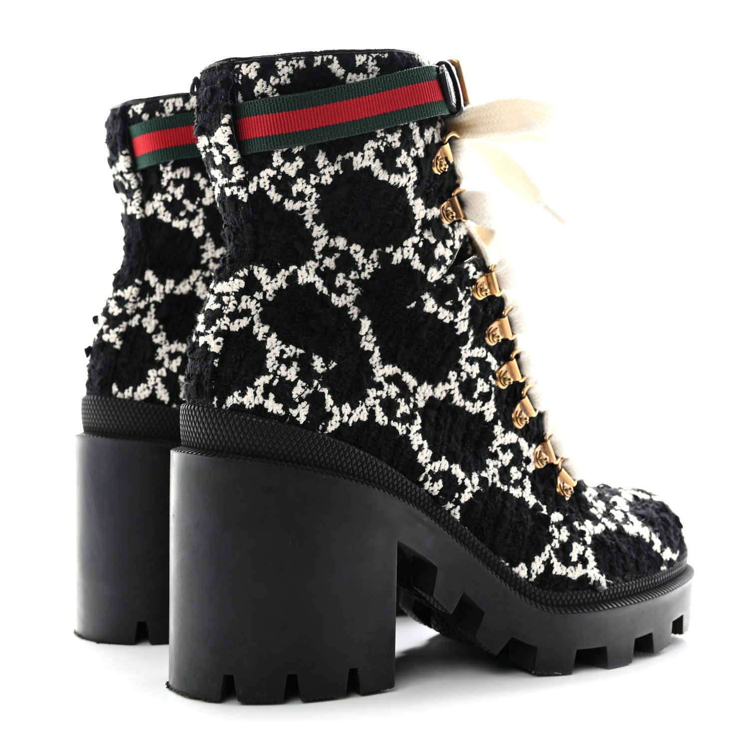 Gucci Tweed GG Monogram Lace Up Combat Ankle Boots 37.5 37.5 Black 4 of 10