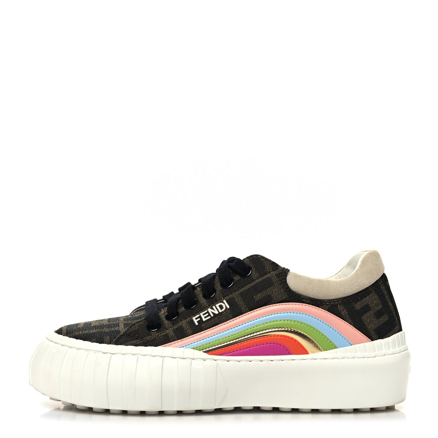 Fabric Jacquard FF Rainbow Womens Fendi Force Low-Top Sneakers 36.5 Tobacco Black White Multicolor