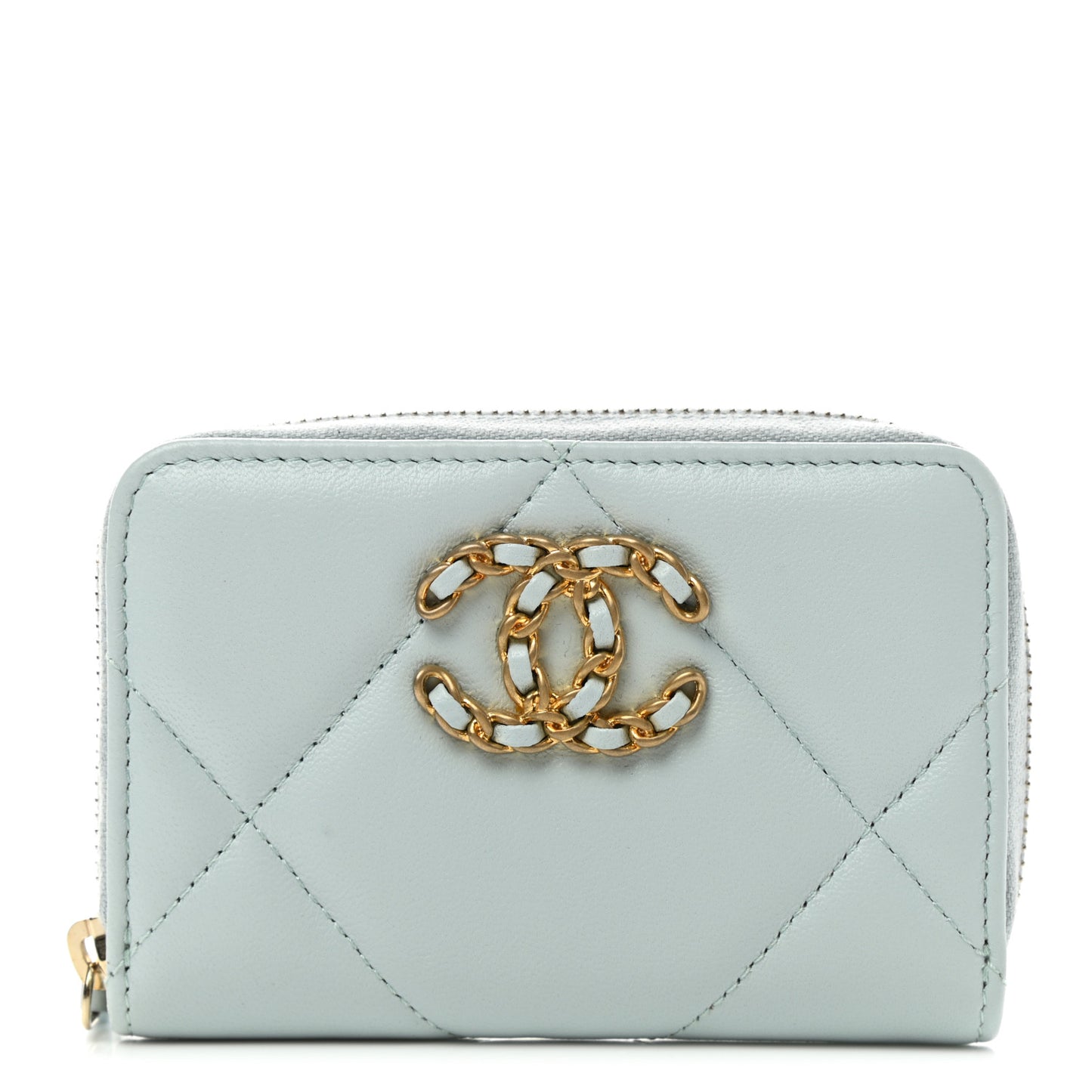 Lambskin Quilted Chanel 19 Zip Around Coin Purse Wallet Light Blue