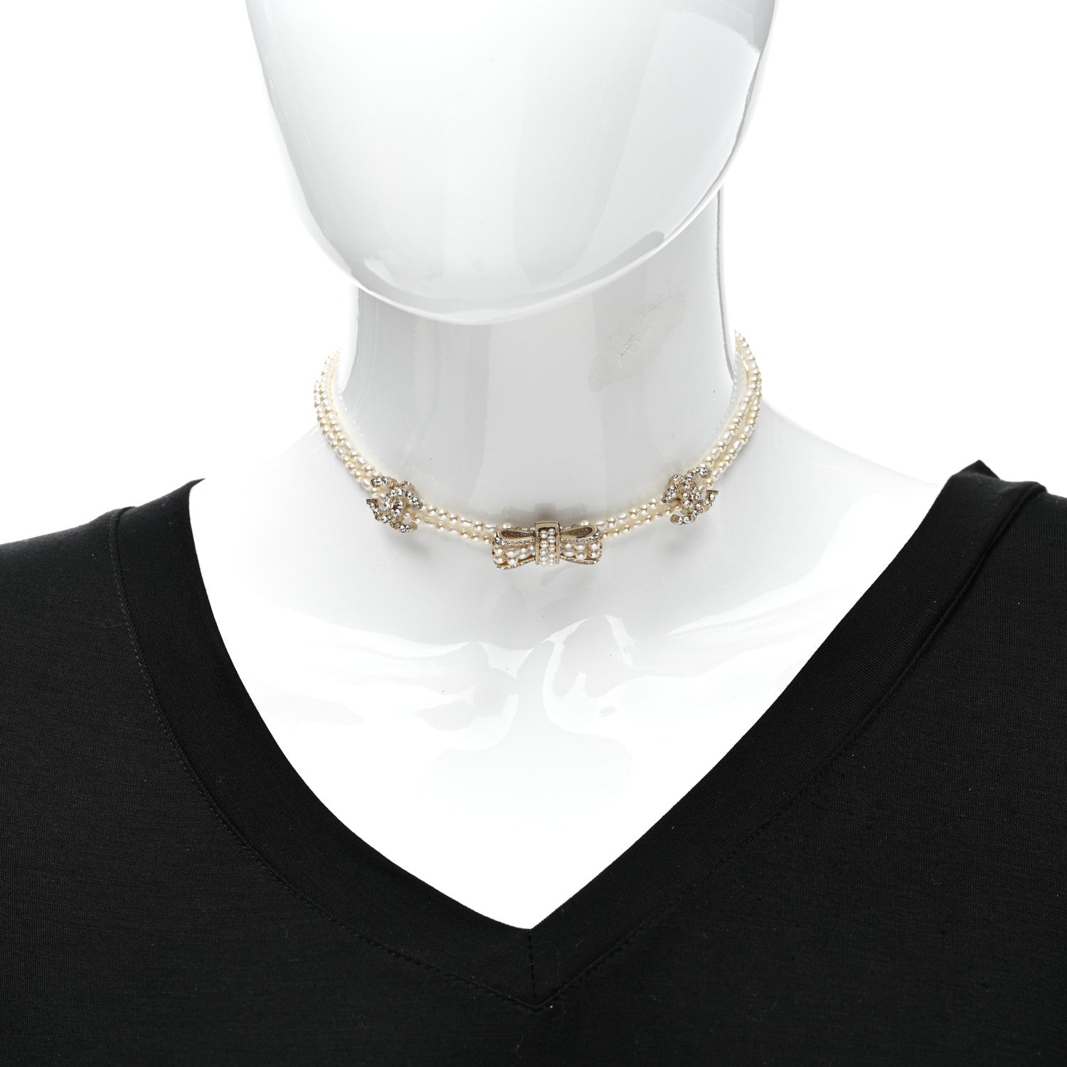 Chanel Pearl Crystal CC Bow Choker Necklace Gold 2 of 6