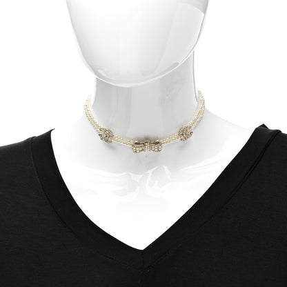 Chanel Pearl Crystal CC Bow Choker Necklace Gold 2 of 6