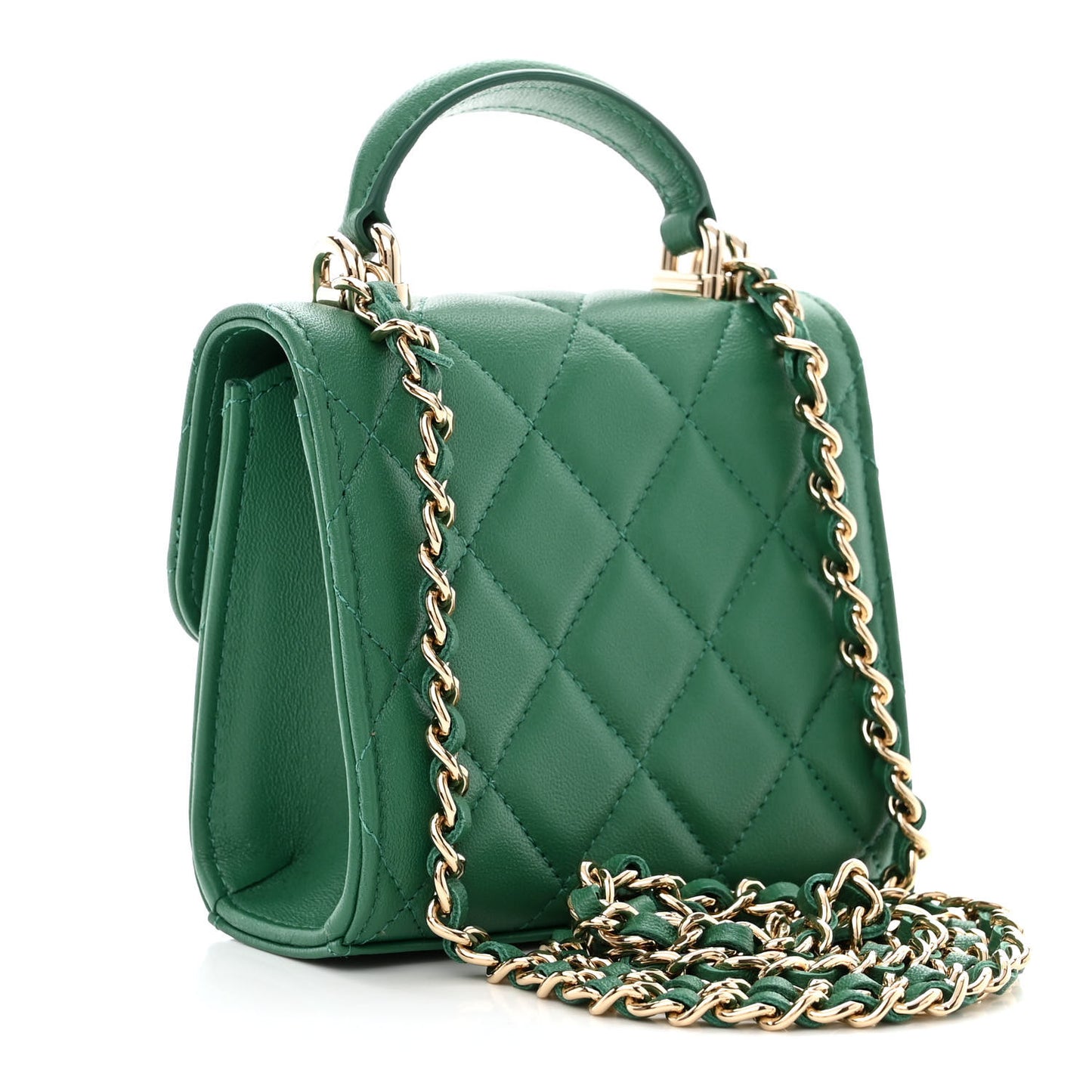 Lambskin Quilted Top Handle Flap Clutch With Chain Green