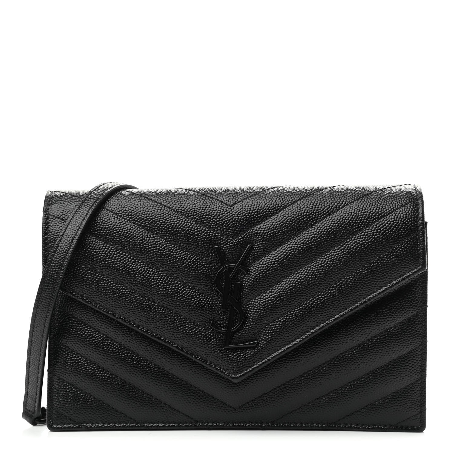 Saint Laurent Grain De Poudre Matelasse Chevron Monogram Monochrome Envelope Chain Wallet Black 1 of 11