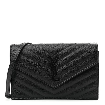 Saint Laurent Grain De Poudre Matelasse Chevron Monogram Monochrome Envelope Chain Wallet Black 1 of 11