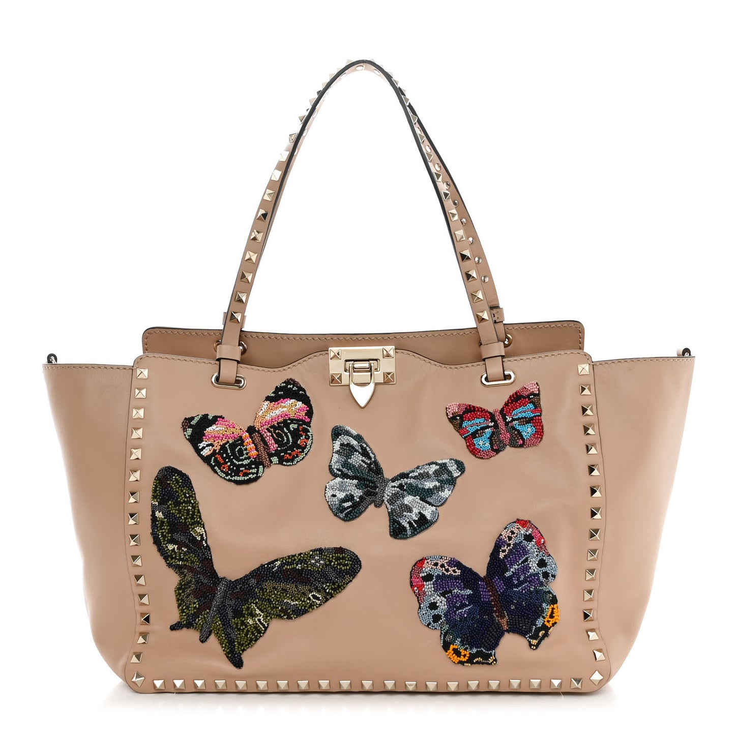 Vitello Butterfly Embellished Medium Rockstud Tote Camel Rose Multicolor