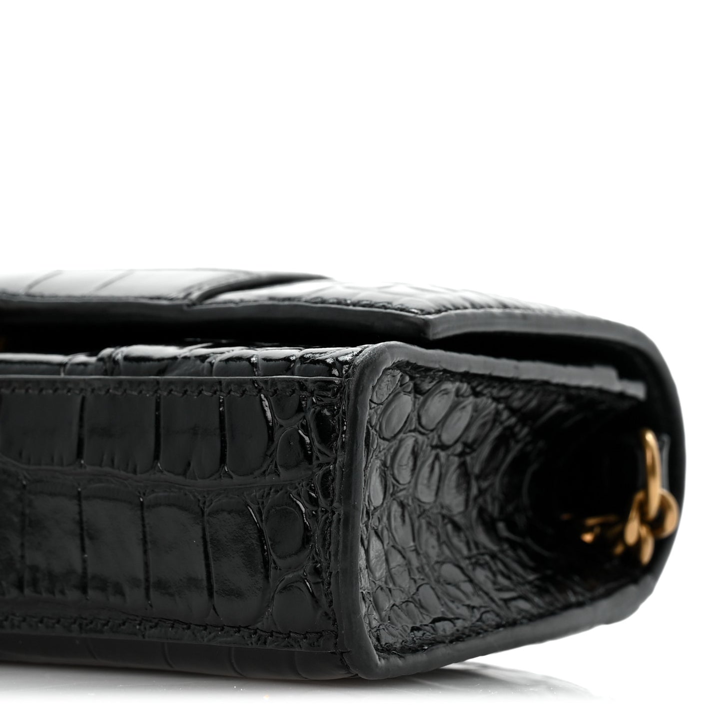 Shiny Calfskin Crocodile Embossed Hourglass Chain Bag Black