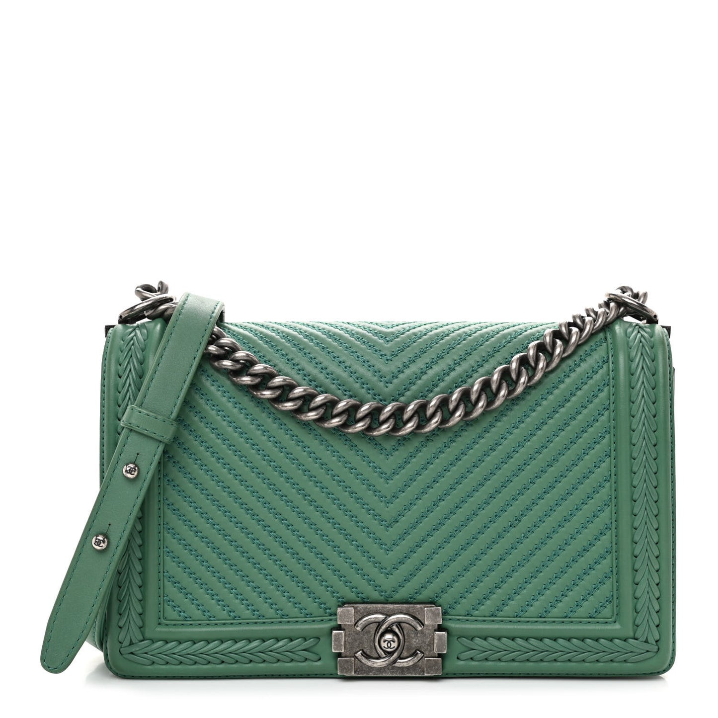 Calfskin Chevron Quilted New Medium Braided Boy Flap Green