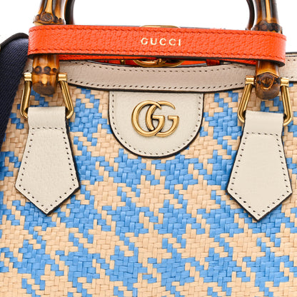 Gucci Raffia Calfskin Web Houndstooth Small Diana Tote Bag Light Blue Natural Deep Orange 8 of 10