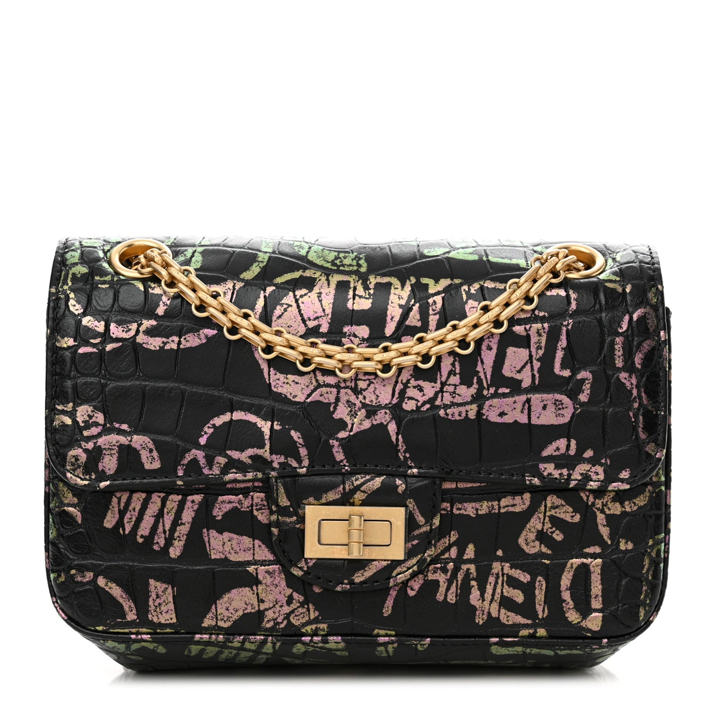 Calfskin Crocodile Embossed Graffiti 2.55 Mini Cocodile Reissue Flap Black Pink