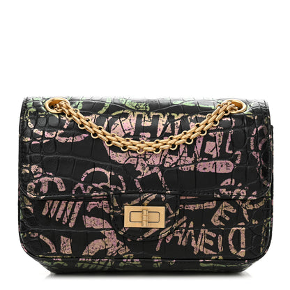 Chanel Calfskin Crocodile Embossed Graffiti 2.55 Mini Cocodile Reissue Flap Black Pink 1 of 11