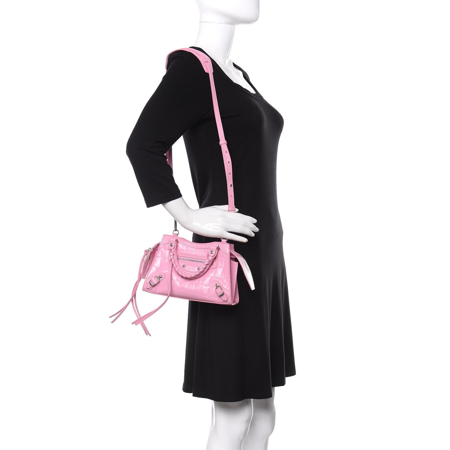 Balenciaga Semi Shiny Calfskin Crocodile Embossed Neo Classic Silver Hardware Mini City Pink 2 of 9