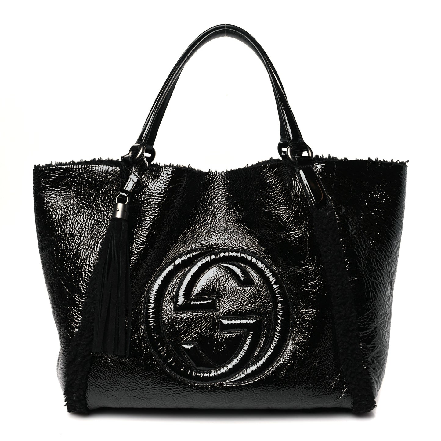 Patent Shearling Medium Soho Shoulder Bag Black