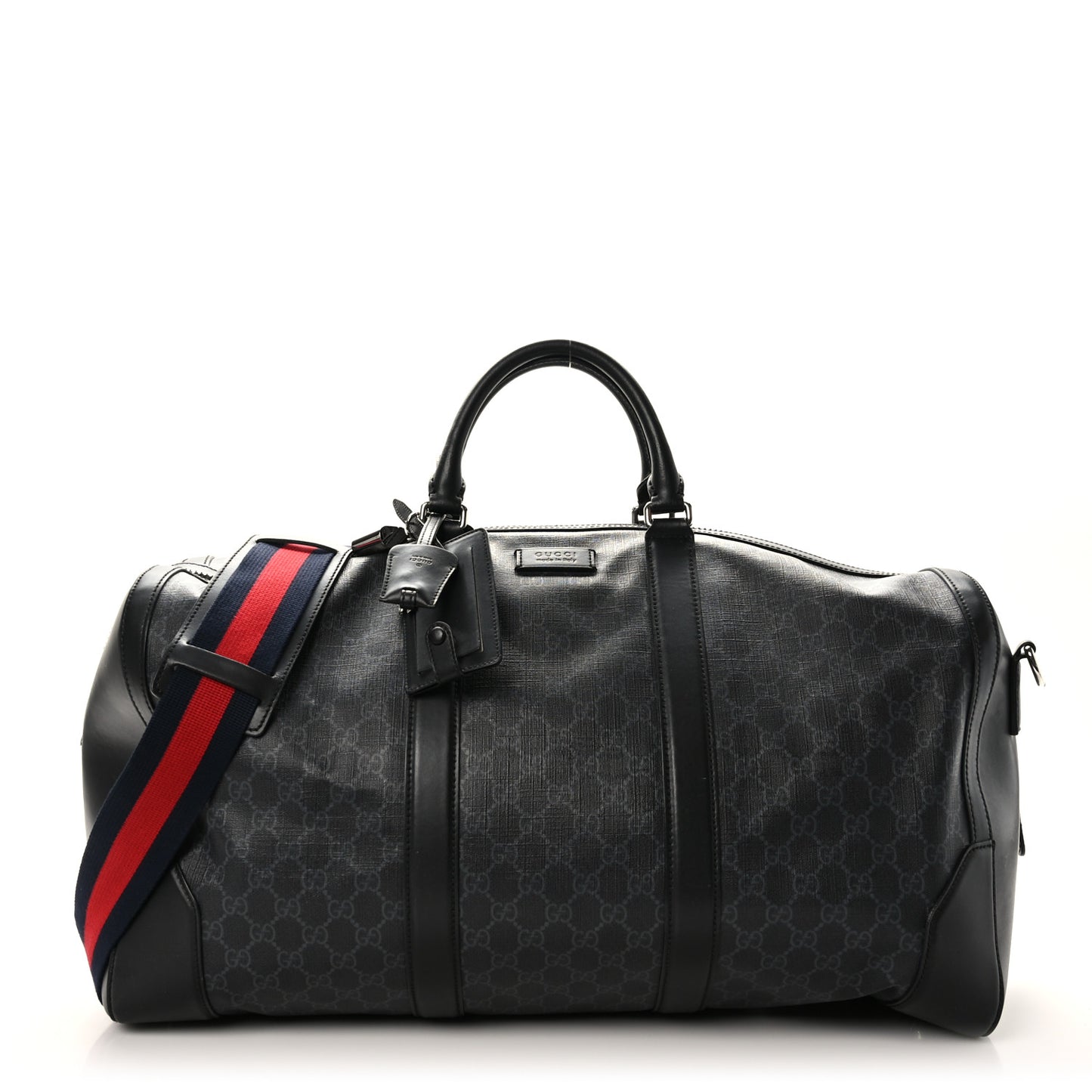 Soft GG Supreme Monogram Appia Calfskin Web Large Carry On Duffle Bag Black Grey
