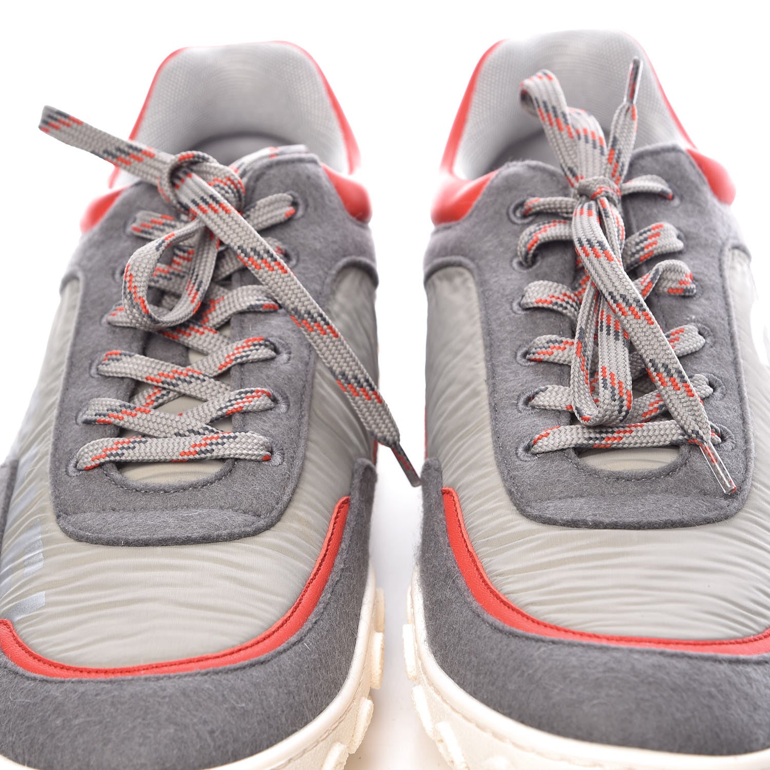 Chanel Nylon Calfskin Suede Mens CC Sneakers 45 Grey Red 5 of 11
