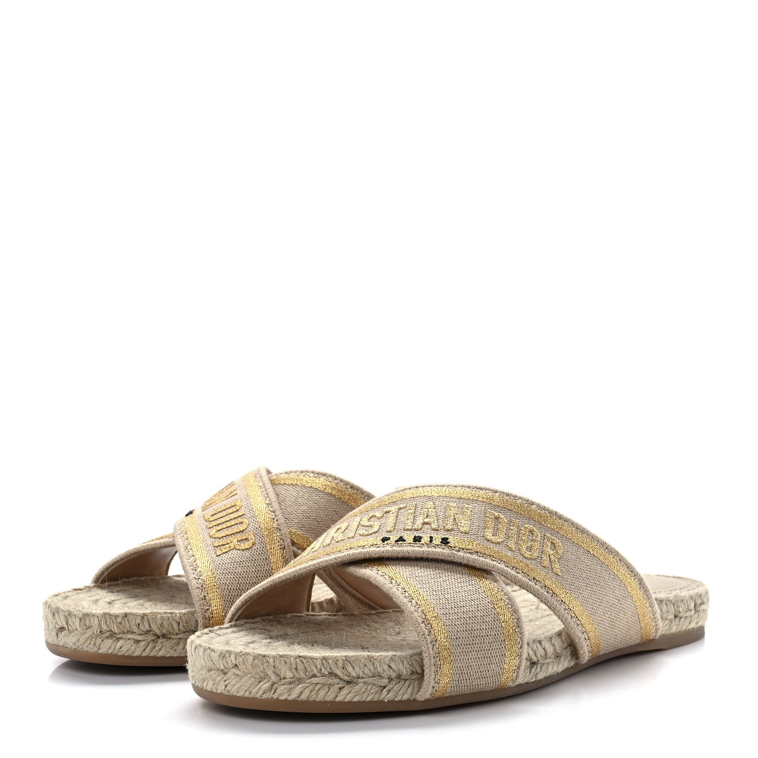 Christian Dior Canvas Embroidered Granville Espadrille Crisscross Flat Slide Sandals 38.5 Gold 3 of 8