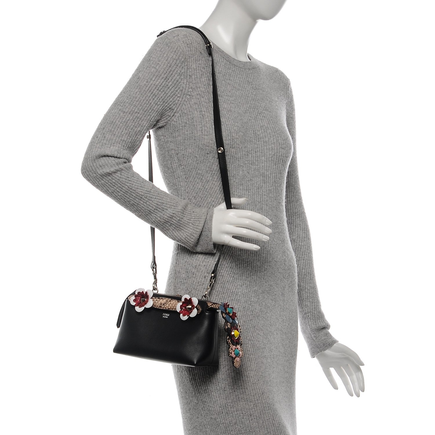 Fendi Vitello Dolce Snakeskin Nappa Croc Tail Flowerland Studded Mini By The Way Boston Bag Black Natural Multicolor 2 of 7