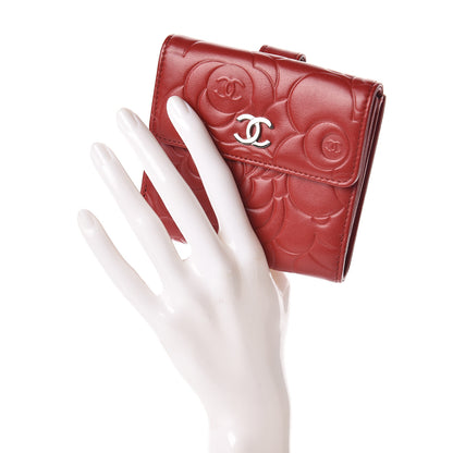 Chanel Lambskin Camellia Embossed French Wallet Dark Red 2 of 9