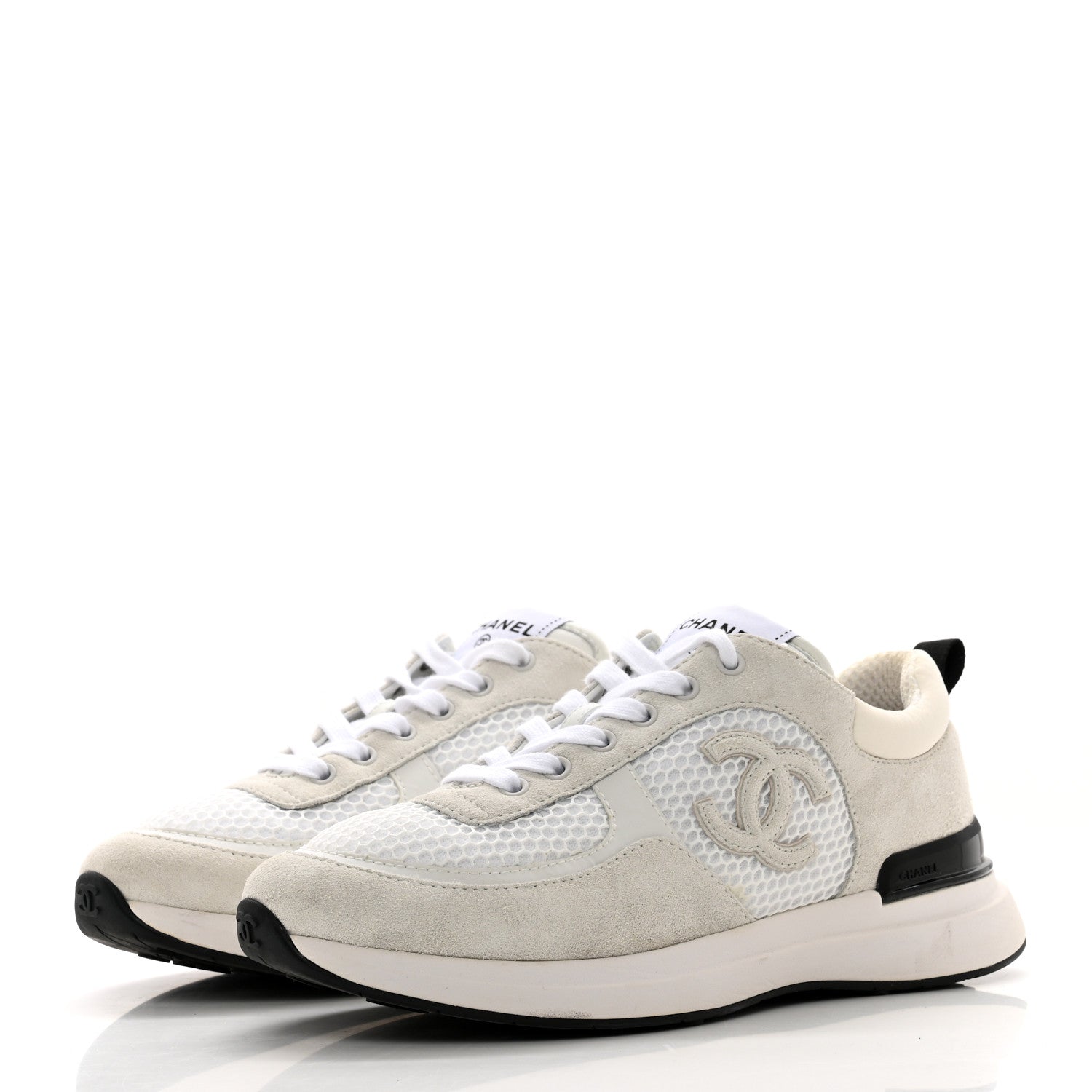 Chanel Calfskin Mesh Lycra Suede Womens Logo Sneakers 38.5 White 3 of 9