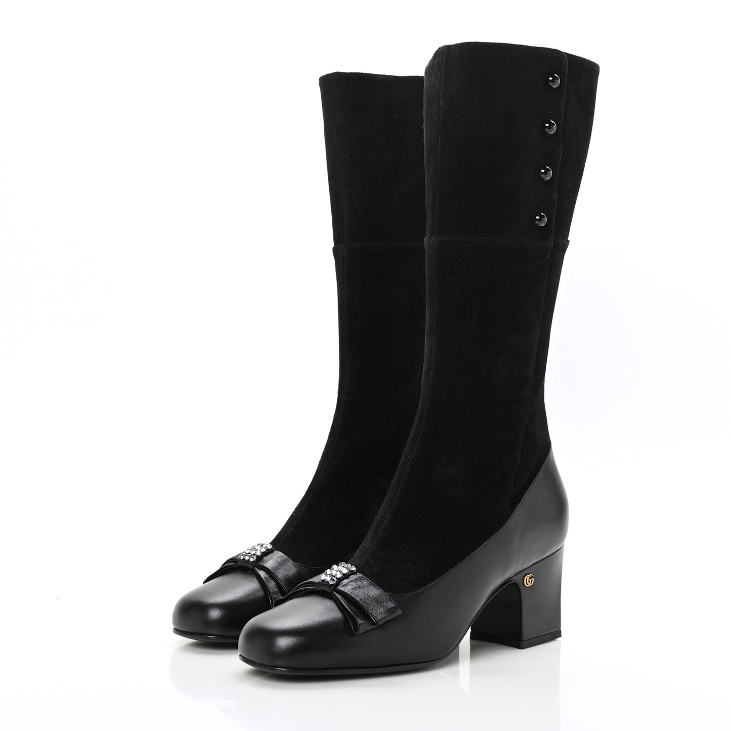 Suede Malaga Kid Knee High Bow Crystal Heel Boots 39.5 Black