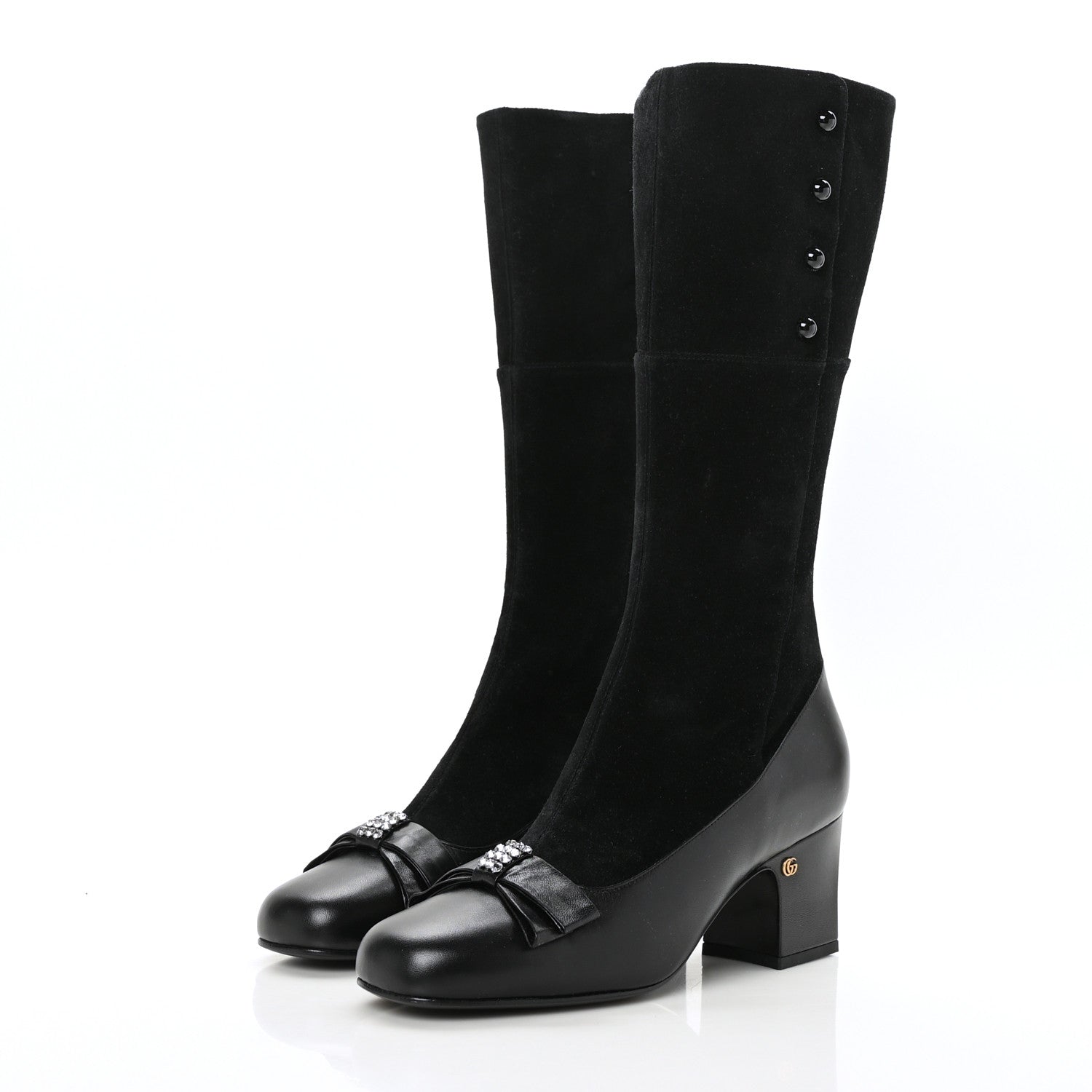 Gucci Suede Malaga Kid Knee High Bow Crystal Heel Boots 39.5 Black 3 of 6