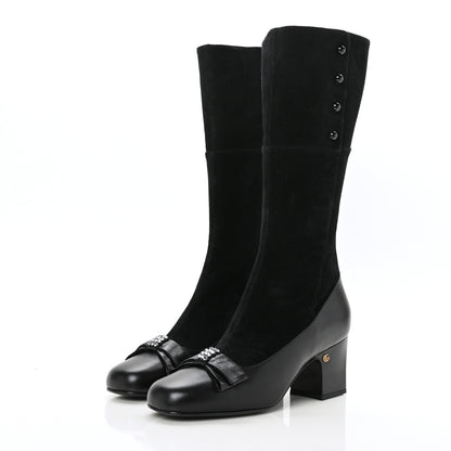 Gucci Suede Malaga Kid Knee High Bow Crystal Heel Boots 39.5 Black 3 of 6