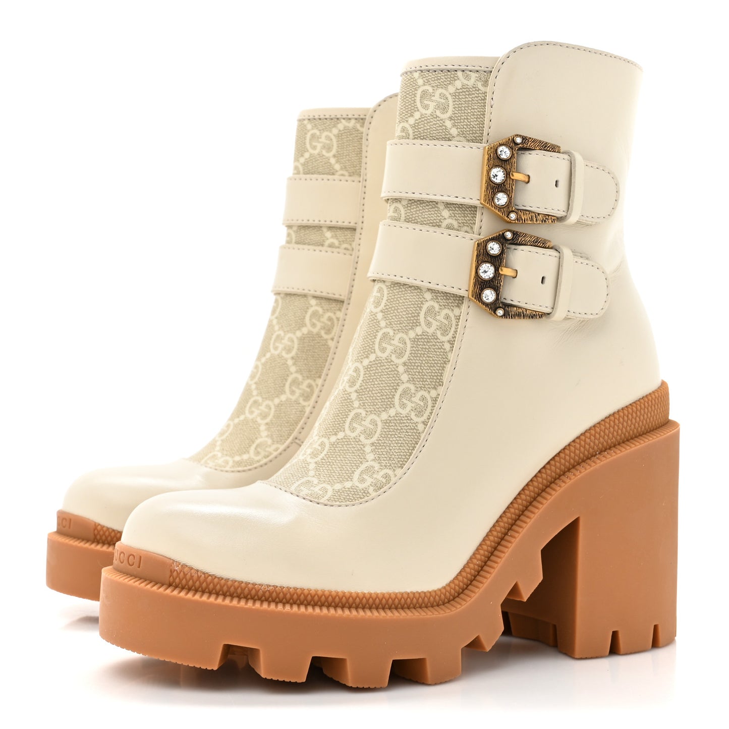 Kensington Calfskin Nappa GG Supreme Monogram Womens Double Buckle Ankle Boots 35 Mystic White Beige