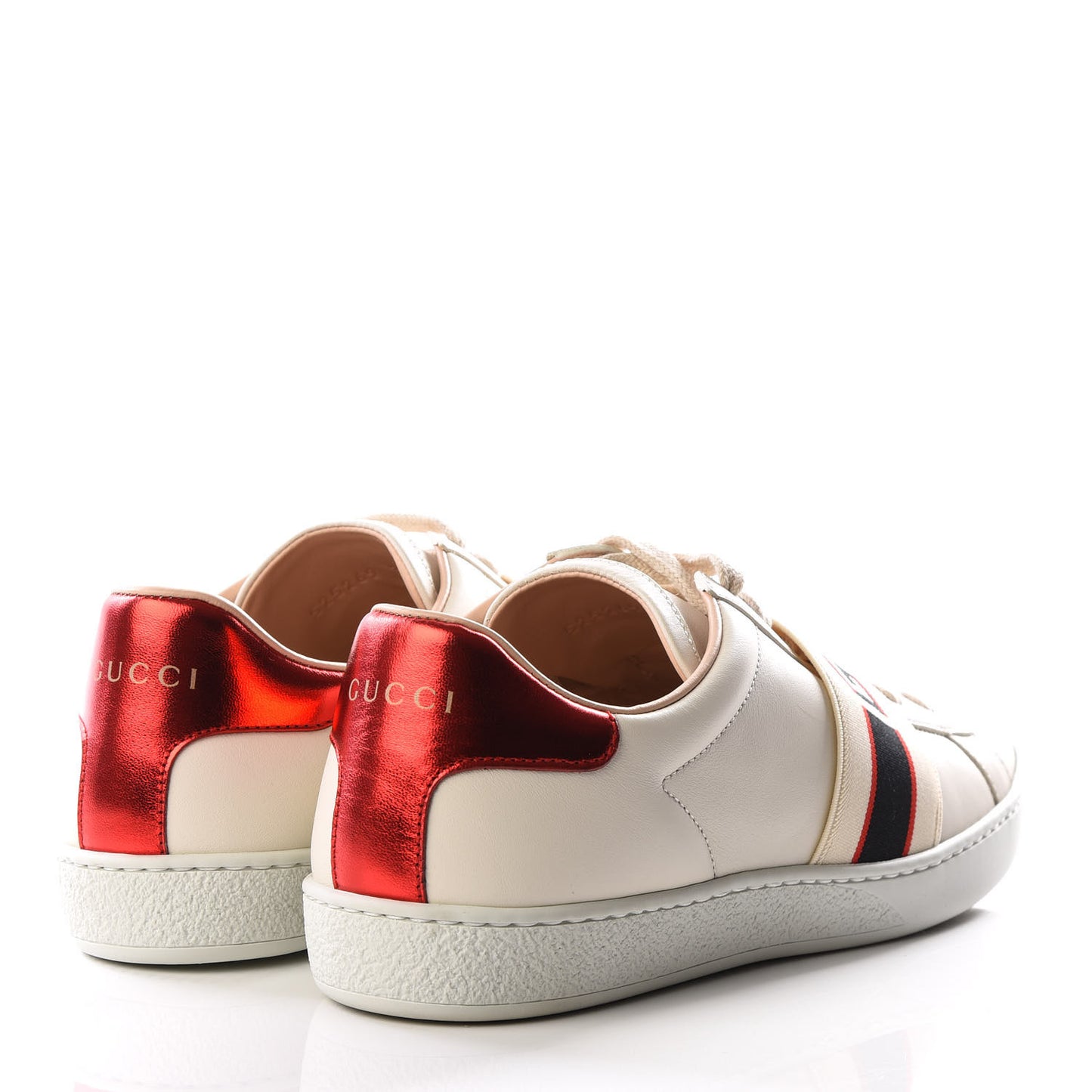 Calfskin Stripe Womens New Ace Sneakers 38.5 New Mystic White Ecru Red Flame