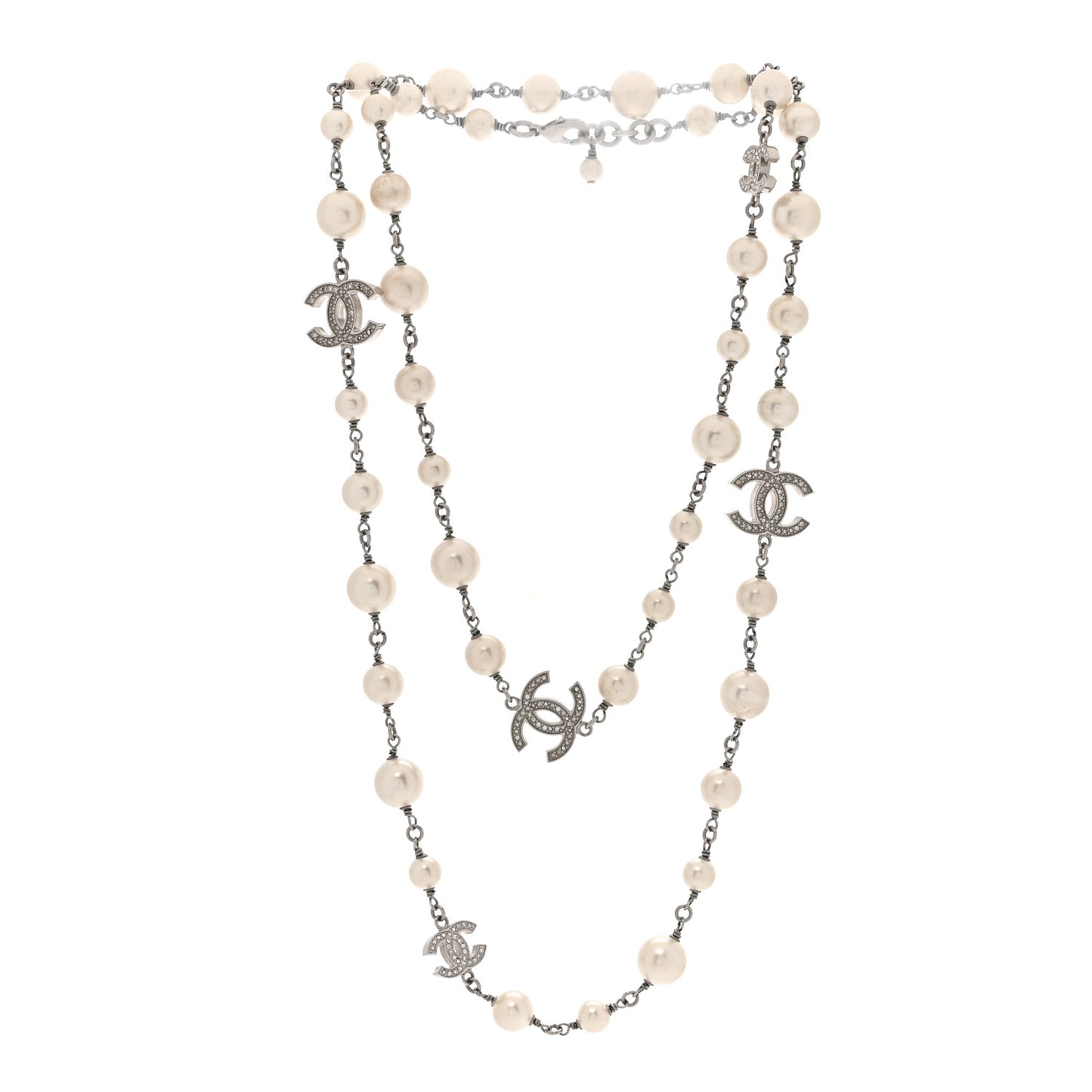 Graduated Pearl Crystal CC Long Necklace Silver