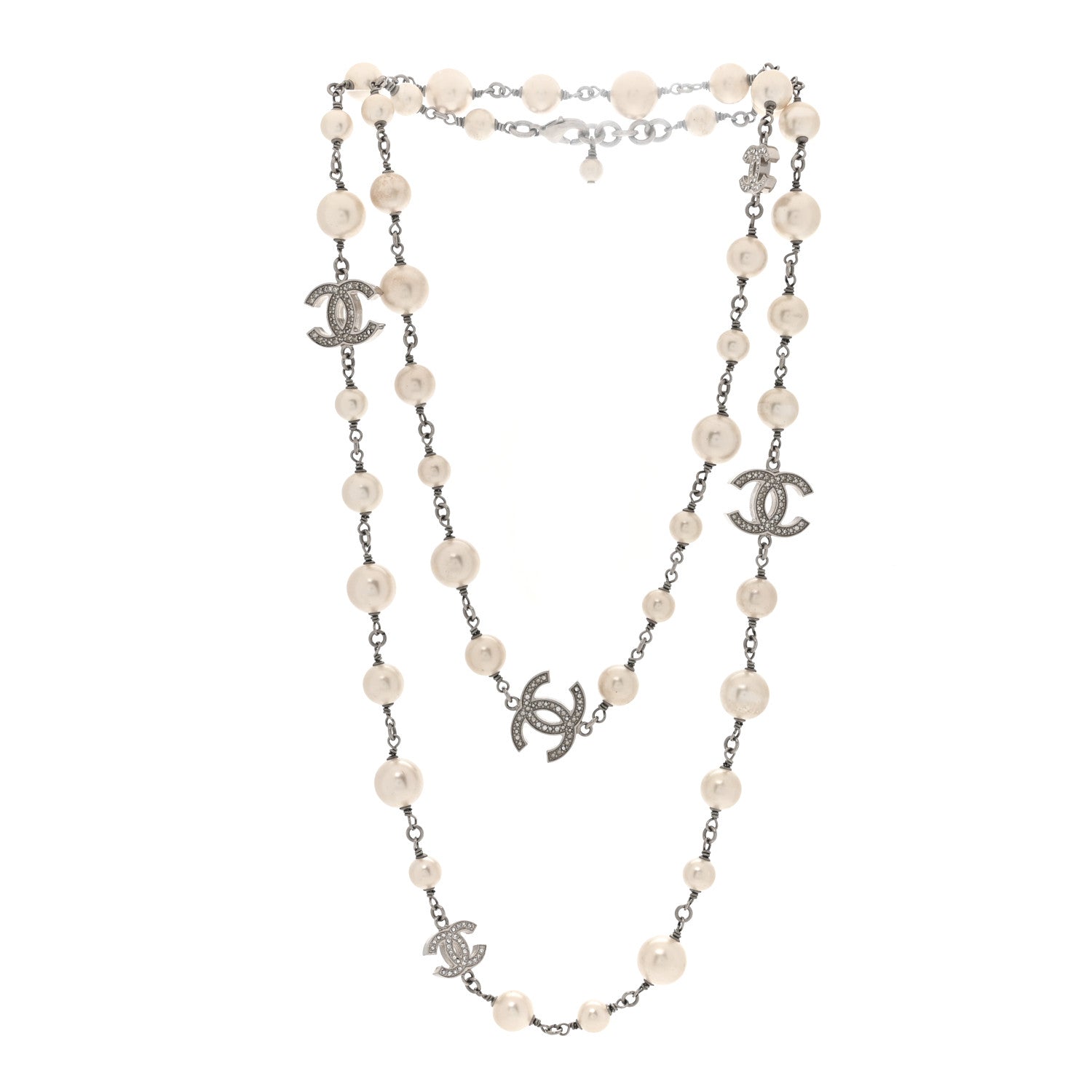 Chanel Graduated Pearl Crystal CC Long Necklace Silver 3 of 4