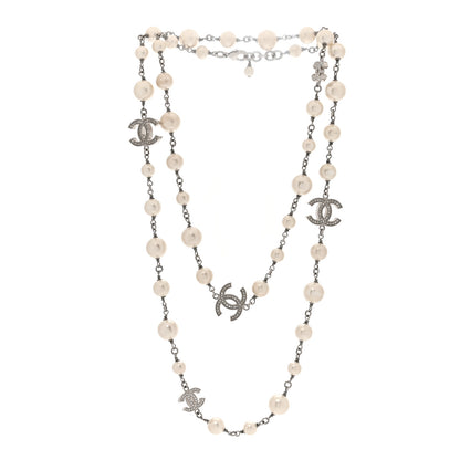 Chanel Graduated Pearl Crystal CC Long Necklace Silver 3 of 4