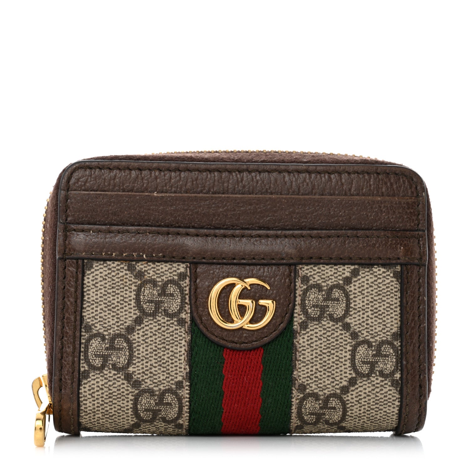Gucci GG Supreme Monogram Textured Dollar Calfskin Web Ophidia Zip Around Card Case Wallet Beige Ebony New Acero 1 of 11