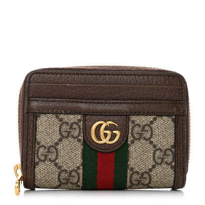 Gucci GG Supreme Monogram Textured Dollar Calfskin Web Ophidia Zip Around Card Case Wallet Beige Ebony New Acero 1 of 11