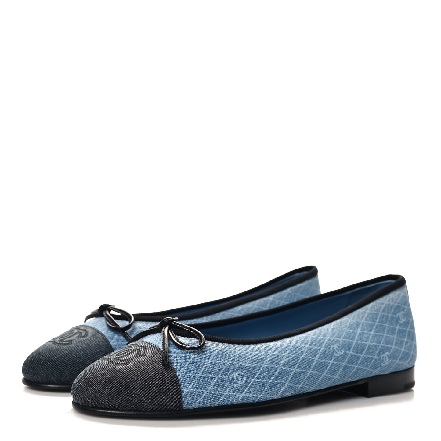 Denim Printed Quilt CC Cap Toe Ballerina Flats 38 Navy Blue Dark Grey
