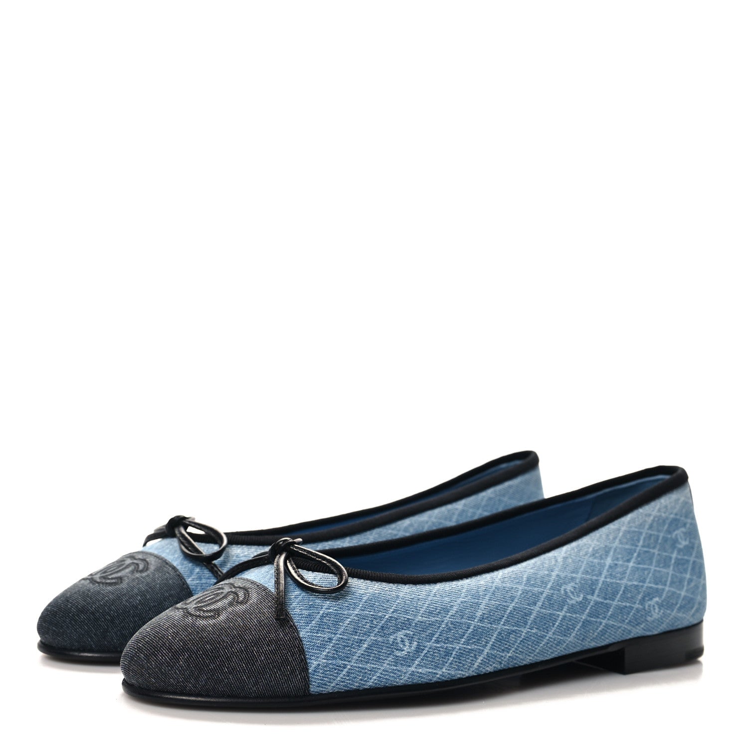 Chanel Denim Printed Quilt CC Cap Toe Ballerina Flats 38 Navy Blue Dark Grey 3 of 9