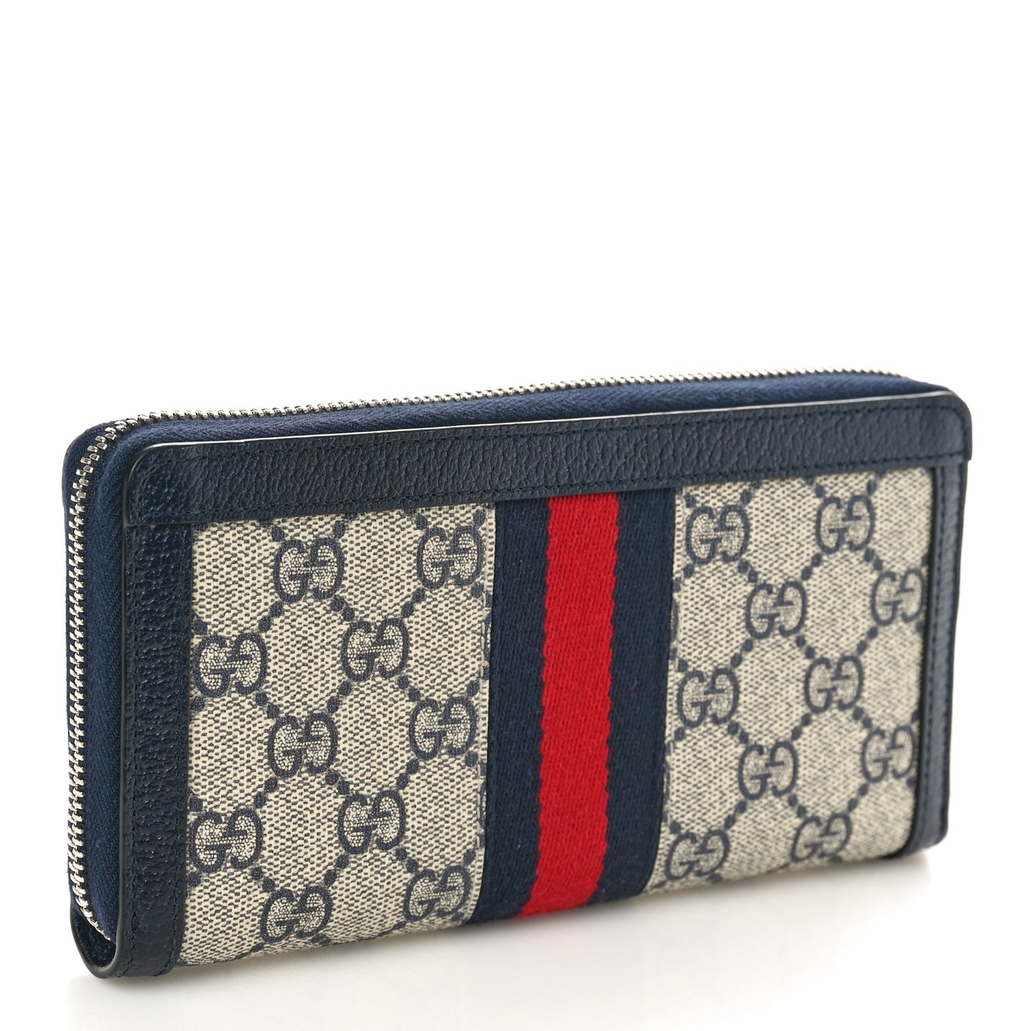 GG Supreme Monogram Textured Dollar Calfskin Web Ophidia Zip Around Wallet Beige Blue
