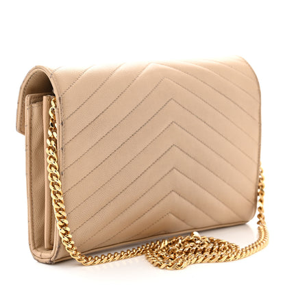 Saint Laurent Grain De Poudre Matelasse Chevron Monogram Chain Wallet Dark Beige 3 of 18