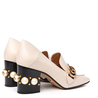Gucci Betis Glamour Calfskin Web Pearl Embellished Peyton 75mm Loafer Pumps 39.5 Mystic White 4 of 9