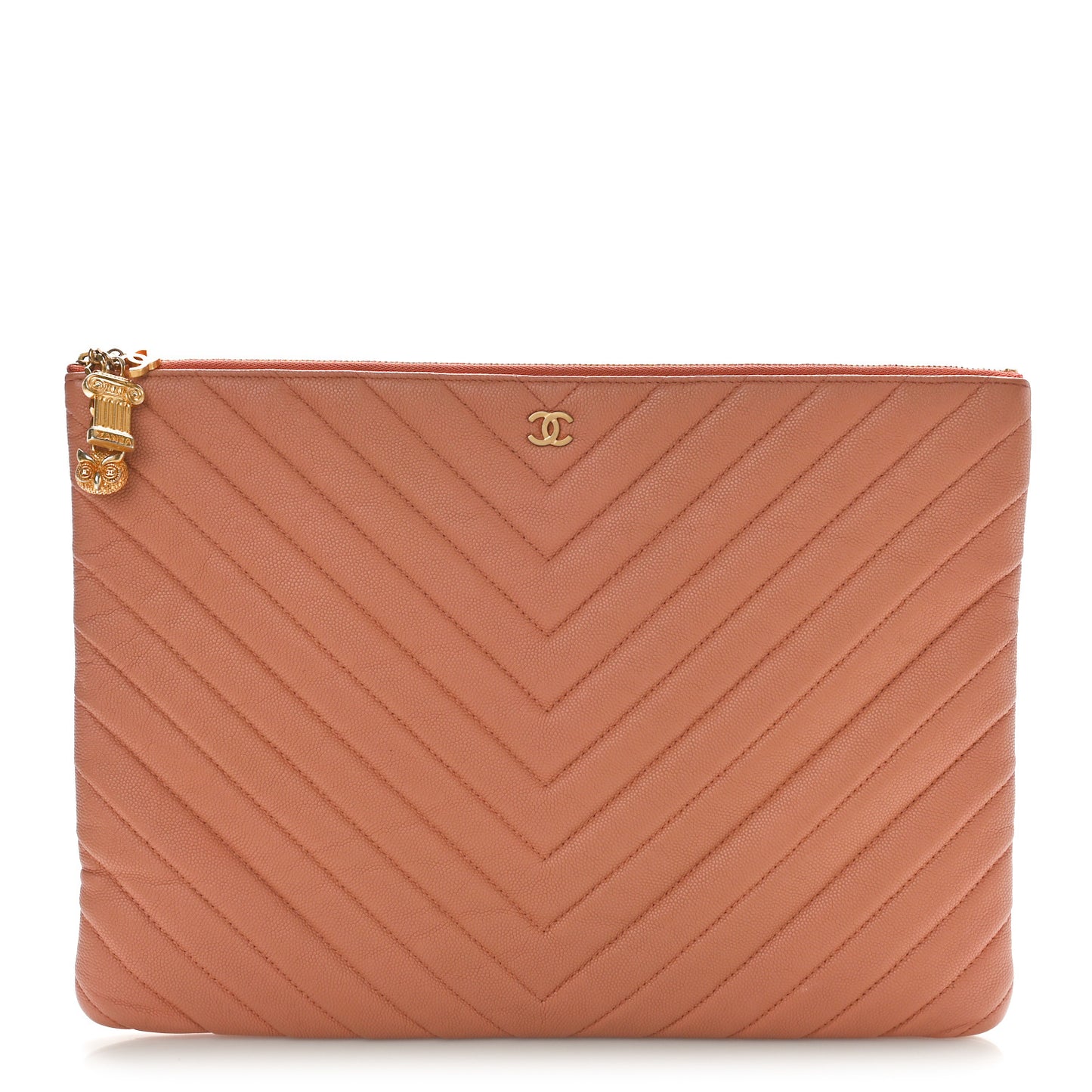 Caviar Chevron Quilted Ancient Greek Charms Large Cosmetic Case Dark Beige